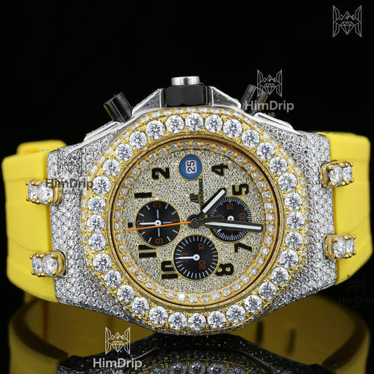 18K Gold Plated Men's Moissanite Hip Hop Chronograph Watch | Yellow Rubber Strap | D Color VVS Moissanite