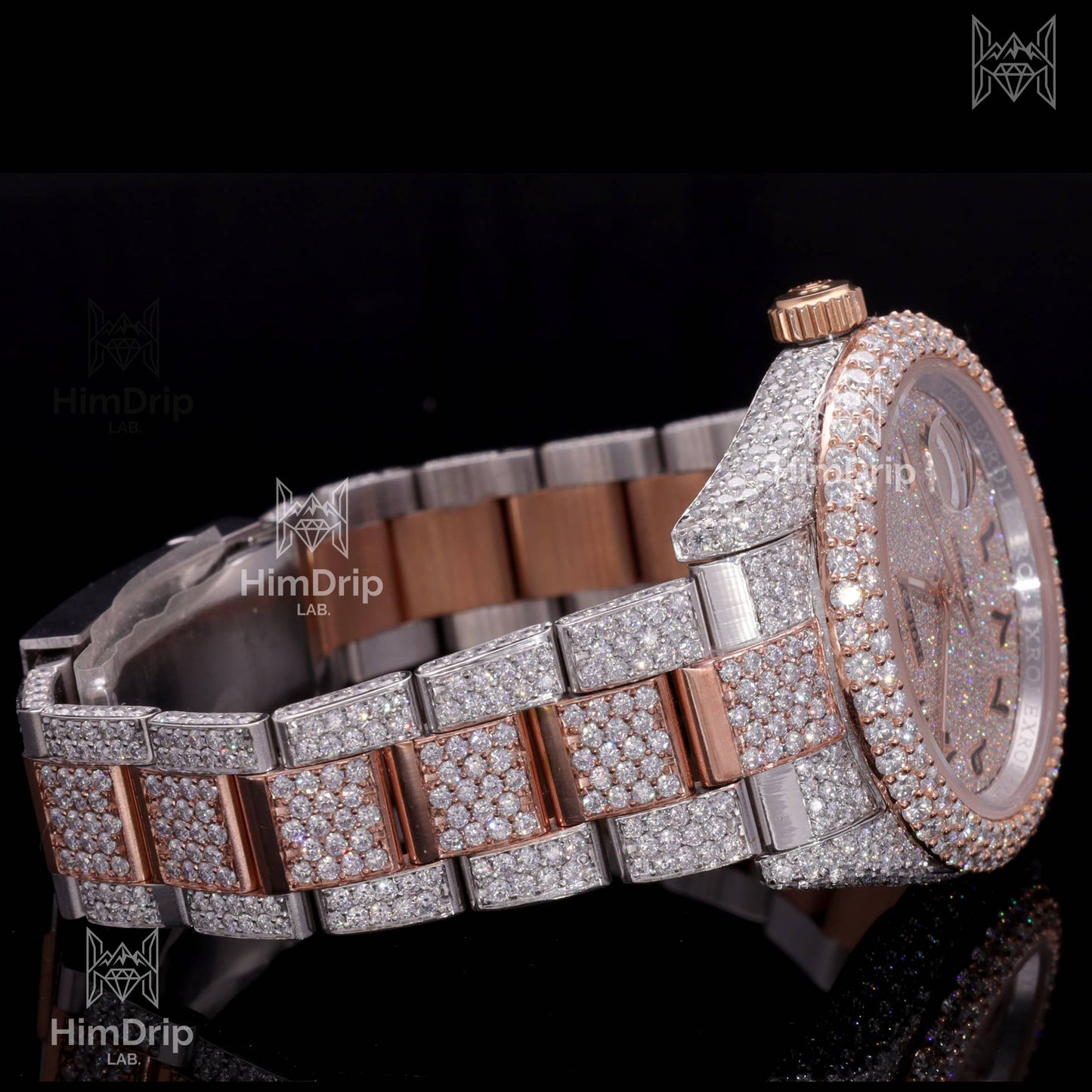18K Gold Plated Moissanite Diamond Iced Out Luxury Watch | Two-Tone Rose Gold & Silver | Automatic Date Display