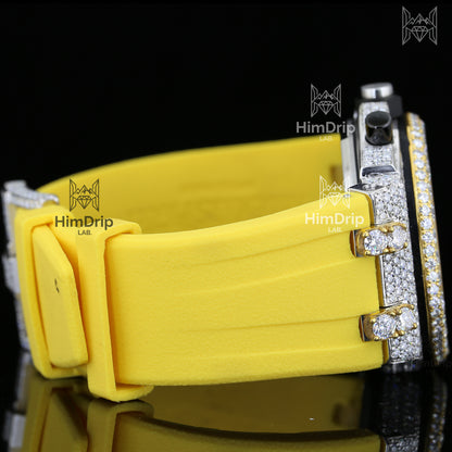 18K Gold Plated Men's Moissanite Hip Hop Chronograph Watch | Yellow Rubber Strap | D Color VVS Moissanite