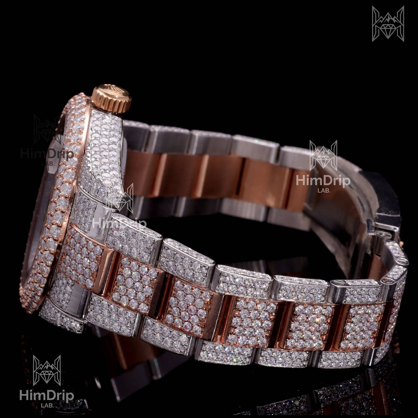 18K Gold Plated Moissanite Diamond Iced Out Luxury Watch | Two-Tone Rose Gold & Silver | Automatic Date Display