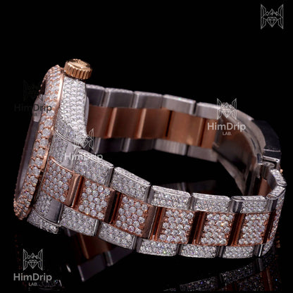 18K Gold Plated Moissanite Diamond Iced Out Luxury Watch | Two-Tone Rose Gold & Silver | Automatic Date Display